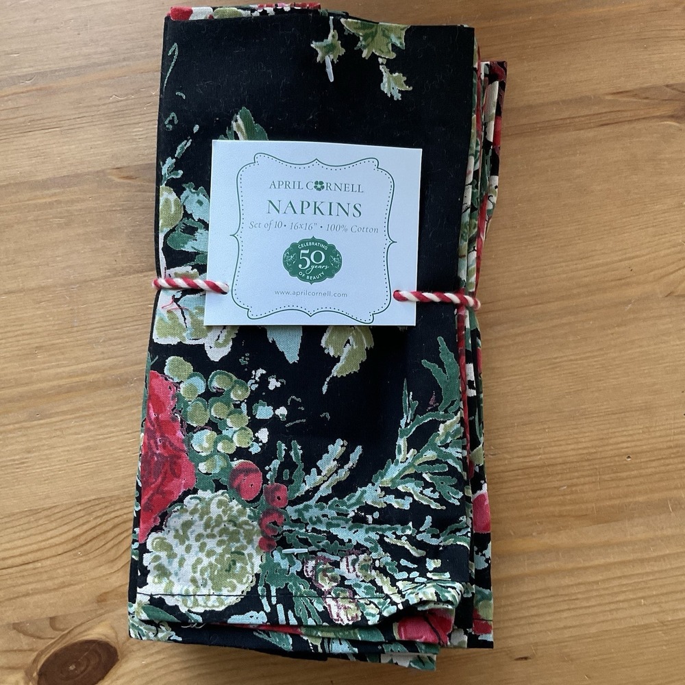 April Cornell Napkin Black Christmas Floral Cloth Set 10 16x16 Cotton Winter NEW